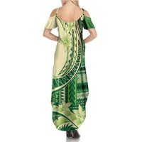 Samoa Siapo Mamanu Family Matching Summer Maxi Dress and Hawaiian Shirt Plumeria Emerald Motifs LT7 - Polynesian Pride