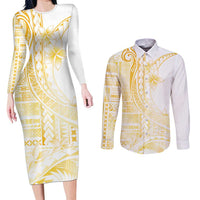 Samoa Siapo Mamanu Couples Matching Long Sleeve Bodycon Dress and Long Sleeve Button Shirt Plumeria Fancy Gold Motifs LT7 Gold - Polynesian Pride