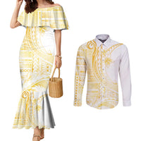 Samoa Siapo Mamanu Couples Matching Mermaid Dress and Long Sleeve Button Shirt Plumeria Fancy Gold Motifs LT7 Gold - Polynesian Pride