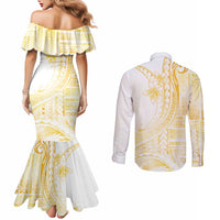 Samoa Siapo Mamanu Couples Matching Mermaid Dress and Long Sleeve Button Shirt Plumeria Fancy Gold Motifs LT7 - Polynesian Pride