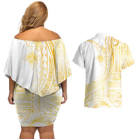 Samoa Siapo Mamanu Couples Matching Off Shoulder Short Dress and Hawaiian Shirt Plumeria Fancy Gold Motifs LT7 - Polynesian Pride