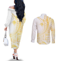 Samoa Siapo Mamanu Couples Matching Off The Shoulder Long Sleeve Dress and Long Sleeve Button Shirt Plumeria Fancy Gold Motifs LT7 - Polynesian Pride