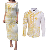 Samoa Siapo Mamanu Couples Matching Puletasi and Long Sleeve Button Shirt Plumeria Fancy Gold Motifs LT7 Gold - Polynesian Pride