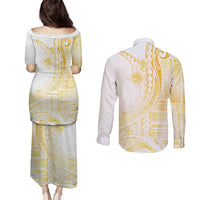 Samoa Siapo Mamanu Couples Matching Puletasi and Long Sleeve Button Shirt Plumeria Fancy Gold Motifs LT7 - Polynesian Pride