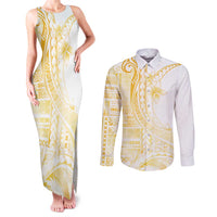 Samoa Siapo Mamanu Couples Matching Tank Maxi Dress and Long Sleeve Button Shirt Plumeria Fancy Gold Motifs LT7 Gold - Polynesian Pride
