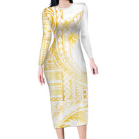 Samoa Siapo Mamanu Family Matching Long Sleeve Bodycon Dress and Hawaiian Shirt Plumeria Fancy Gold Motifs LT7 Mom's Dress Gold - Polynesian Pride