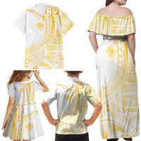 Samoa Siapo Mamanu Family Matching Off Shoulder Maxi Dress and Hawaiian Shirt Plumeria Fancy Gold Motifs LT7 - Polynesian Pride