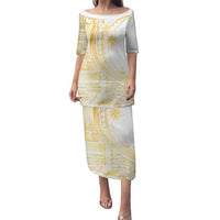 Samoa Siapo Mamanu Family Matching Puletasi and Hawaiian Shirt Plumeria Fancy Gold Motifs LT7 Mom's Dress Gold - Polynesian Pride