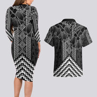 Aotearoa Taniko Pattern Couples Matching Long Sleeve Bodycon Dress and Hawaiian Shirt Poutama Mix Kowhai Flowers LT7 - Polynesian Pride