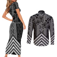 Aotearoa Taniko Pattern Couples Matching Short Sleeve Bodycon Dress and Long Sleeve Button Shirt Poutama Mix Kowhai Flowers LT7 - Polynesian Pride