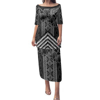 Aotearoa Taniko Pattern Family Matching Puletasi and Hawaiian Shirt Poutama Mix Kowhai Flowers LT7 Mom's Dress Grey - Polynesian Pride