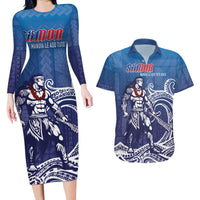 Samoa Manuia le Aso Tuto'atasi Siapo Motif Couples Matching Long Sleeve Bodycon Dress and Hawaiian Shirt Warrior with Nifo Oti LT7 Blue - Polynesian Pride