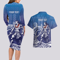 Samoa Manuia le Aso Tuto'atasi Siapo Motif Couples Matching Long Sleeve Bodycon Dress and Hawaiian Shirt Warrior with Nifo Oti LT7 - Polynesian Pride