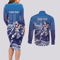 Samoa Manuia le Aso Tuto'atasi Siapo Motif Couples Matching Long Sleeve Bodycon Dress and Long Sleeve Button Shirt Warrior with Nifo Oti LT7 - Polynesian Pride