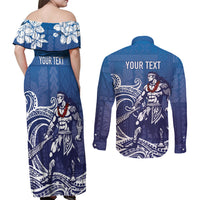 Samoa Manuia le Aso Tuto'atasi Siapo Motif Couples Matching Off Shoulder Maxi Dress and Long Sleeve Button Shirt Warrior with Nifo Oti LT7 - Polynesian Pride