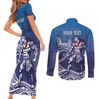 Samoa Manuia le Aso Tuto'atasi Siapo Motif Couples Matching Short Sleeve Bodycon Dress and Long Sleeve Button Shirt Warrior with Nifo Oti LT7 - Polynesian Pride