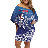 Samoa Manuia le Aso Tuto'atasi Siapo Motif Family Matching Off Shoulder Short Dress and Hawaiian Shirt Warrior with Nifo Oti LT7 Mom's Dress Blue - Polynesian Pride