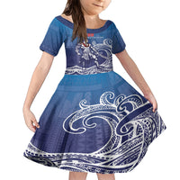 Samoa Manuia le Aso Tuto'atasi Siapo Motif Family Matching Short Sleeve Bodycon Dress and Hawaiian Shirt Warrior with Nifo Oti LT7 Daughter's Dress Blue - Polynesian Pride