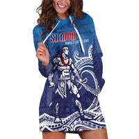 Samoa Manuia le Aso Tuto'atasi Siapo Motif Hoodie Dress Warrior with Nifo Oti LT7 Blue - Polynesian Pride