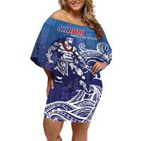 Samoa Manuia le Aso Tuto'atasi Siapo Motif Off Shoulder Short Dress Warrior with Nifo Oti LT7 Women Blue - Polynesian Pride