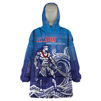 Samoa Manuia le Aso Tuto'atasi Siapo Motif Wearable Blanket Hoodie Warrior with Nifo Oti LT7 One Size Blue - Polynesian Pride