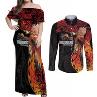 Papua New Guinea Personalised Couples Matching Off Shoulder Maxi Dress and Long Sleeve Button Shirt Grunge Style 49th Independence Anni LT7 Black Red - Polynesian Pride