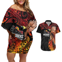 Papua New Guinea Personalised Couples Matching Off Shoulder Short Dress and Hawaiian Shirt Grunge Style 49th Independence Anni LT7 Black Red - Polynesian Pride