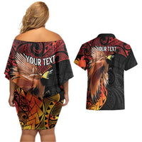 Papua New Guinea Personalised Couples Matching Off Shoulder Short Dress and Hawaiian Shirt Grunge Style 49th Independence Anni LT7 - Polynesian Pride