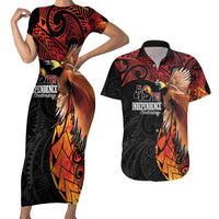 Papua New Guinea Personalised Couples Matching Short Sleeve Bodycon Dress and Hawaiian Shirt Grunge Style 49th Independence Anni LT7 Black Red - Polynesian Pride