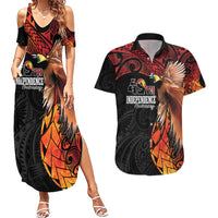 Papua New Guinea Personalised Couples Matching Summer Maxi Dress and Hawaiian Shirt Grunge Style 49th Independence Anni LT7 Black Red - Polynesian Pride