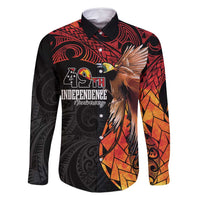Papua New Guinea Personalised Family Matching Off Shoulder Maxi Dress and Hawaiian Shirt Grunge Style 49th Independence Anni LT7 Dad's Shirt - Long Sleeve Black Red - Polynesian Pride