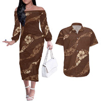 Aloha Hawaii Floral Tapa Couples Matching Off The Shoulder Long Sleeve Dress and Hawaiian Shirt Patchwork Mocha LT7 Mocha - Polynesian Pride