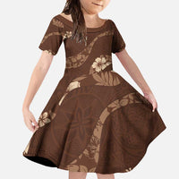 Aloha Hawaii Floral Tapa Family Matching Off Shoulder Maxi Dress and Hawaiian Shirt Patchwork Mocha LT7 Daughter's Dress Mocha - Polynesian Pride