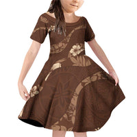 Aloha Hawaii Floral Tapa Family Matching Off Shoulder Short Dress and Hawaiian Shirt Patchwork Mocha LT7 Daughter's Dress Mocha - Polynesian Pride