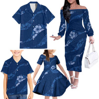 Aloha Hawaii Floral Tapa Family Matching Off The Shoulder Long Sleeve Dress and Hawaiian Shirt Patchwork Navy LT7 - Polynesian Pride
