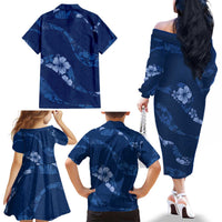 Aloha Hawaii Floral Tapa Family Matching Off The Shoulder Long Sleeve Dress and Hawaiian Shirt Patchwork Navy LT7 - Polynesian Pride