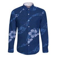 Aloha Hawaii Floral Tapa Family Matching Off The Shoulder Long Sleeve Dress and Hawaiian Shirt Patchwork Navy LT7 Dad's Shirt - Long Sleeve Navy - Polynesian Pride