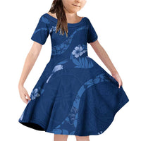 Aloha Hawaii Floral Tapa Family Matching Off Shoulder Short Dress and Hawaiian Shirt Patchwork Navy LT7 Daughter's Dress Navy - Polynesian Pride