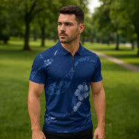 Aloha Hawaii Floral Tapa Zipper Polo Shirt Patchwork Navy - Polynesian Pride