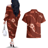 Aloha Hawaii Floral Tapa Couples Matching Off The Shoulder Long Sleeve Dress and Hawaiian Shirt Patchwork Crimson LT7 - Polynesian Pride