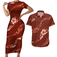 Aloha Hawaii Floral Tapa Couples Matching Short Sleeve Bodycon Dress and Hawaiian Shirt Patchwork Crimson LT7 Crimson - Polynesian Pride