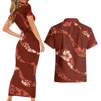 Aloha Hawaii Floral Tapa Couples Matching Short Sleeve Bodycon Dress and Hawaiian Shirt Patchwork Crimson LT7 - Polynesian Pride