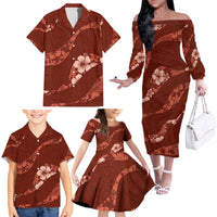Aloha Hawaii Floral Tapa Family Matching Off The Shoulder Long Sleeve Dress and Hawaiian Shirt Patchwork Crimson LT7 - Polynesian Pride