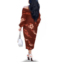 Aloha Hawaii Floral Tapa Family Matching Off The Shoulder Long Sleeve Dress and Hawaiian Shirt Patchwork Crimson LT7 - Polynesian Pride