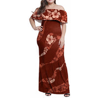 Aloha Hawaii Floral Tapa Family Matching Off Shoulder Maxi Dress and Hawaiian Shirt Patchwork Crimson LT7 Mom's Dress Crimson - Polynesian Pride