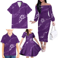 Aloha Hawaii Floral Tapa Family Matching Off The Shoulder Long Sleeve Dress and Hawaiian Shirt Patchwork Violet LT7 - Polynesian Pride
