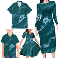 Aloha Hawaii Floral Tapa Family Matching Long Sleeve Bodycon Dress and Hawaiian Shirt Patchwork Teal LT7 - Polynesian Pride