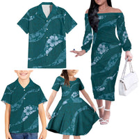 Aloha Hawaii Floral Tapa Family Matching Off The Shoulder Long Sleeve Dress and Hawaiian Shirt Patchwork Teal LT7 - Polynesian Pride