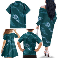 Aloha Hawaii Floral Tapa Family Matching Off The Shoulder Long Sleeve Dress and Hawaiian Shirt Patchwork Teal LT7 - Polynesian Pride