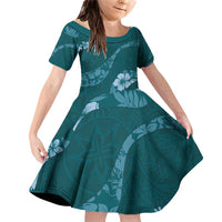 Aloha Hawaii Floral Tapa Family Matching Off Shoulder Short Dress and Hawaiian Shirt Patchwork Teal LT7 Daughter's Dress Teal - Polynesian Pride